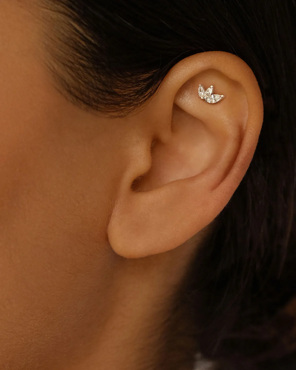 14k Solid White Gold Blooming Lotus Crystal Cartilage Earring
