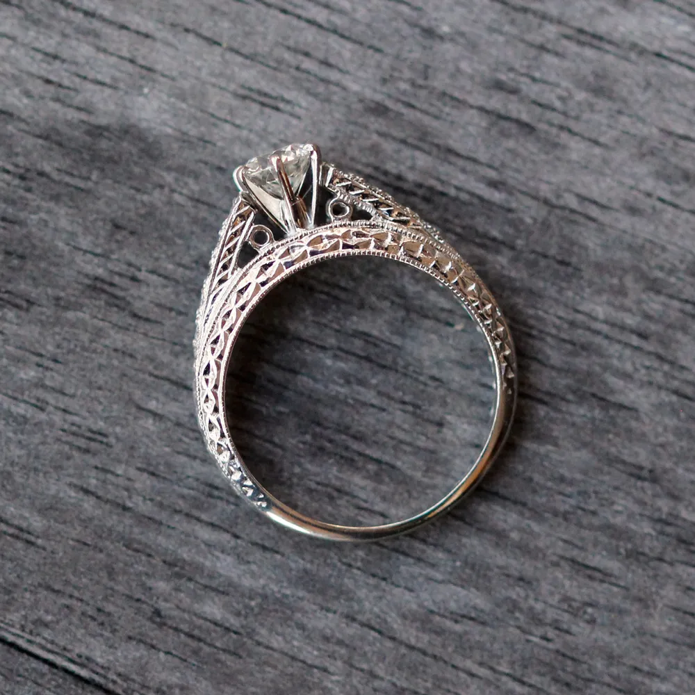 14K White Gold and Diamond Ring with Engraved Details