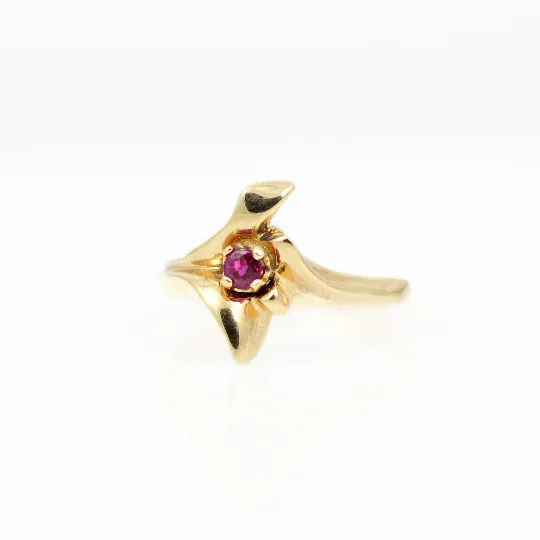 14K Yellow Gold Floral Ruby Solitaire Ring