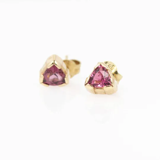 14K Yellow Gold Pink Tourmaline Trillion Studs
