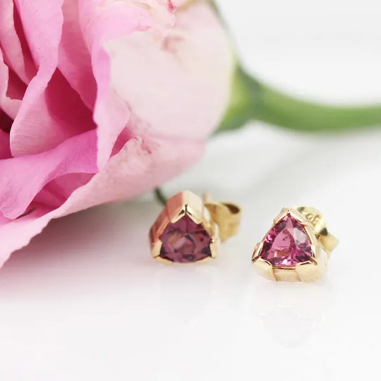 14K Yellow Gold Pink Tourmaline Trillion Studs