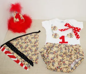 Baby Girl/Toddler Sock Monkey cake smash outfit with party hat, Sock monkey outfit, Girls cake smash outfit, Sock Monkey banner