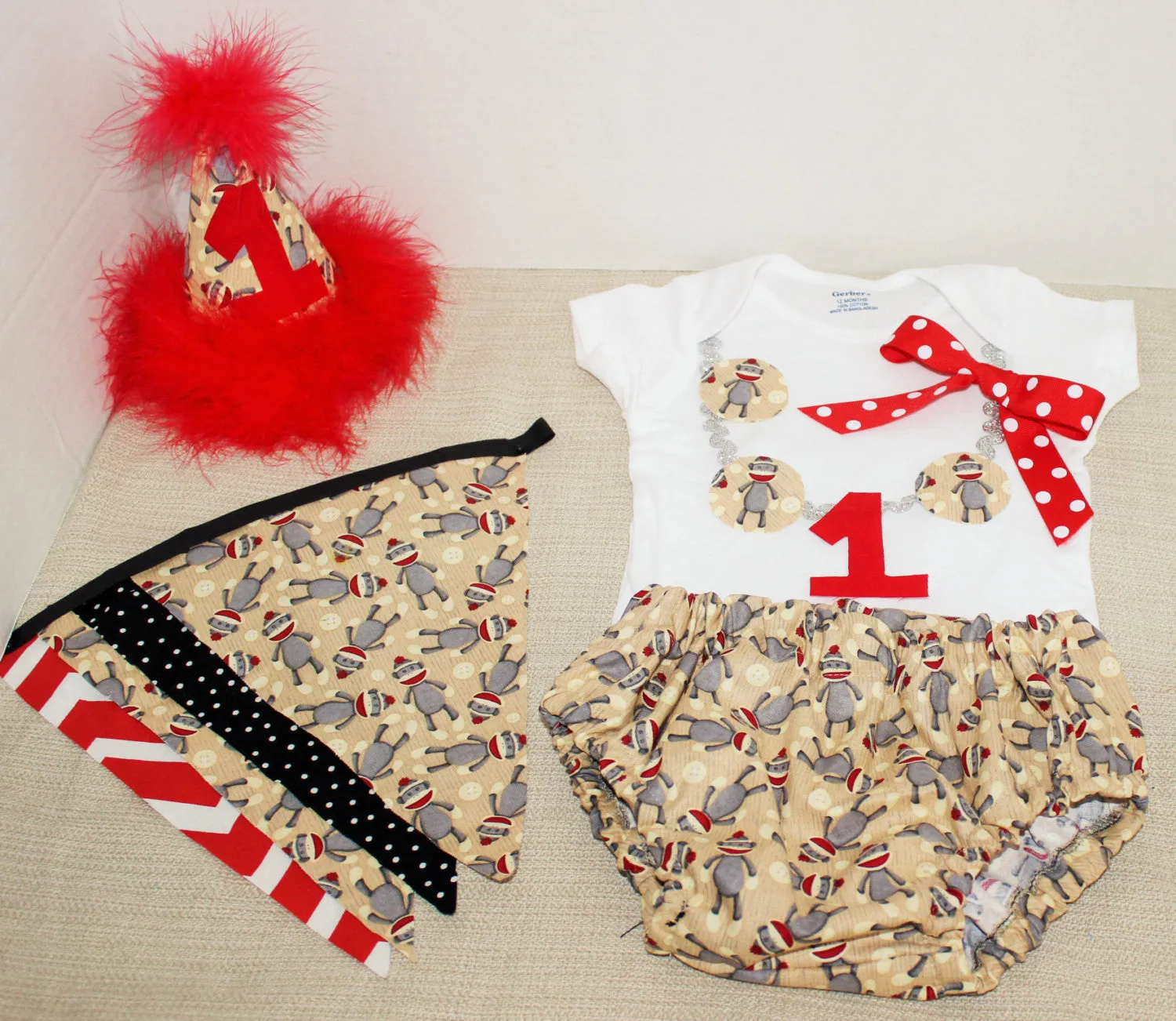 Baby Girl/Toddler Sock Monkey cake smash outfit with party hat, Sock monkey outfit, Girls cake smash outfit, Sock Monkey banner