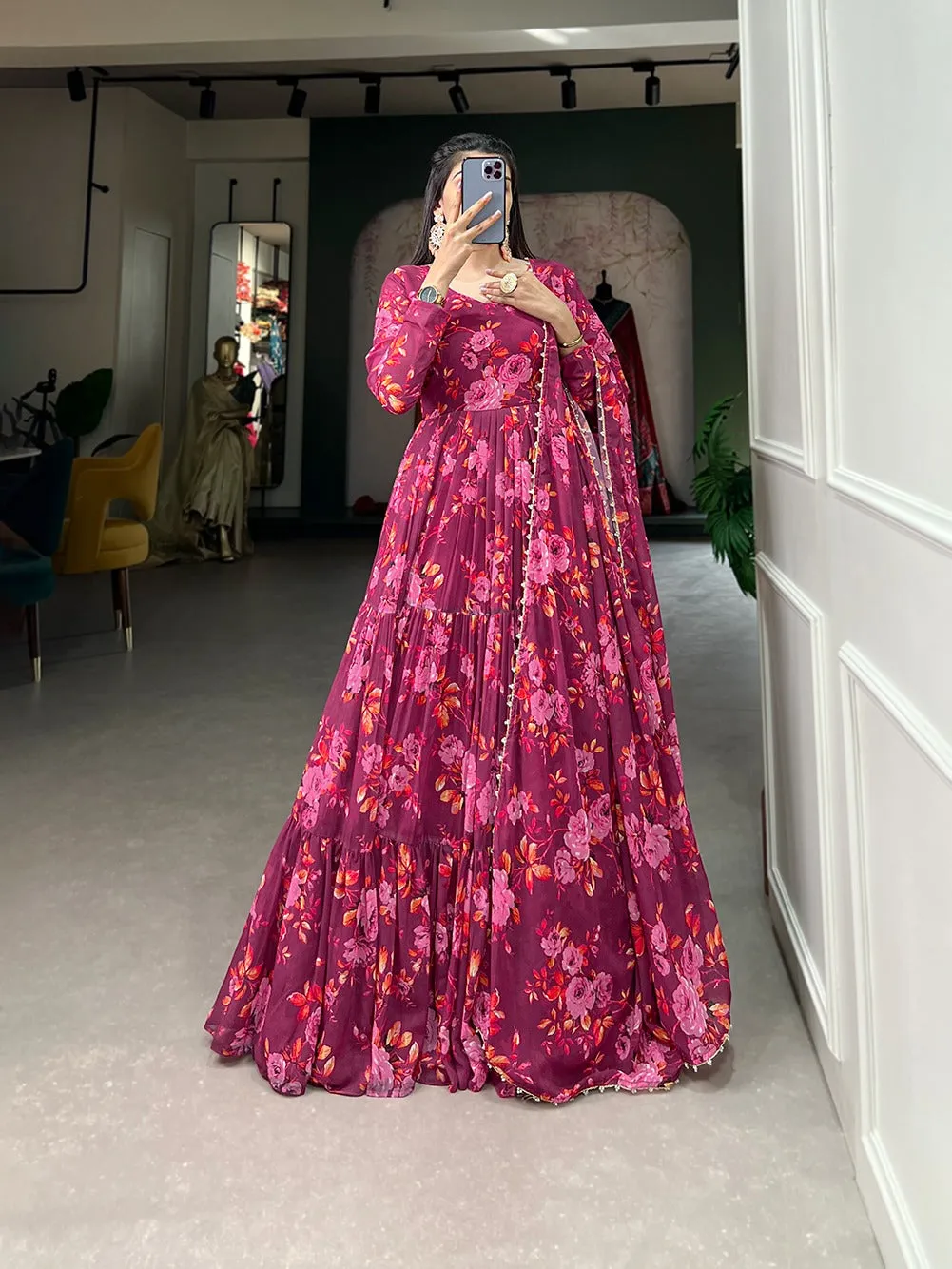 Beautiful Designer Occasion Wear Georgette Flower Print Gown