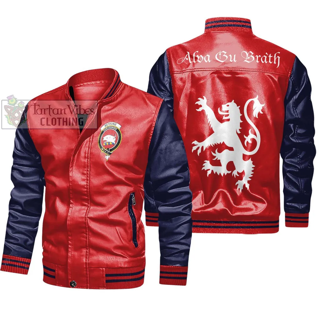 Bethune Family Crest Leather Bomber Jacket Lion Rampant Alba Gu Brath Style