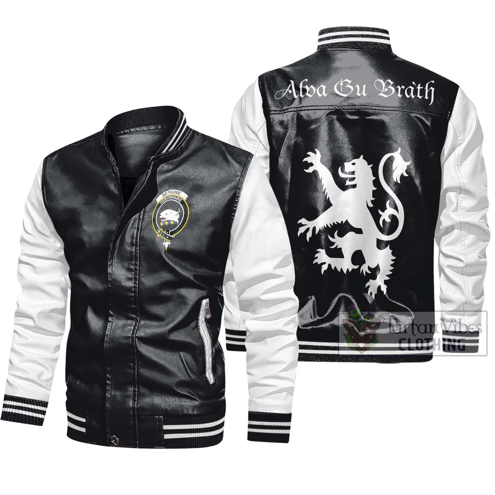 Bethune Family Crest Leather Bomber Jacket Lion Rampant Alba Gu Brath Style