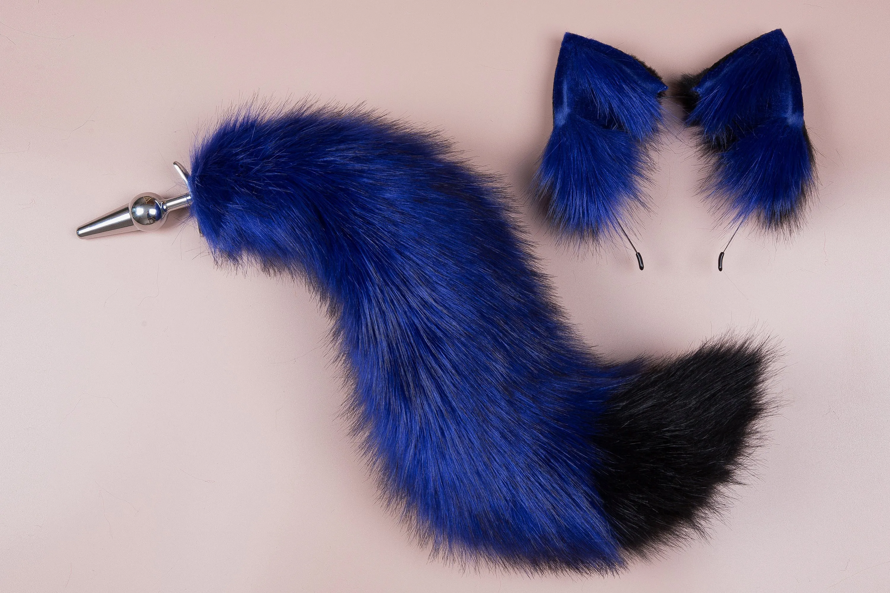 black and blue fox tail plug and ear neko ear and tail set neko cosplay anime wolf tail buttplug and ear kitten ear and tail plug set