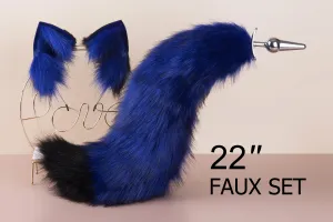 black and blue fox tail plug and ear neko ear and tail set neko cosplay anime wolf tail buttplug and ear kitten ear and tail plug set