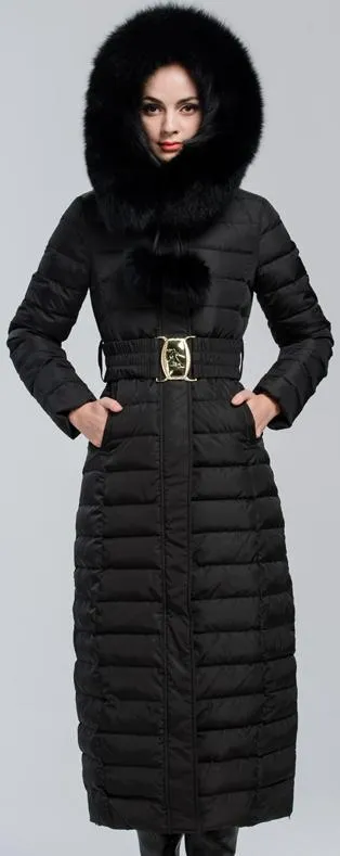 Black Fox-Fur Hooded Pom Pom Puffer Coat