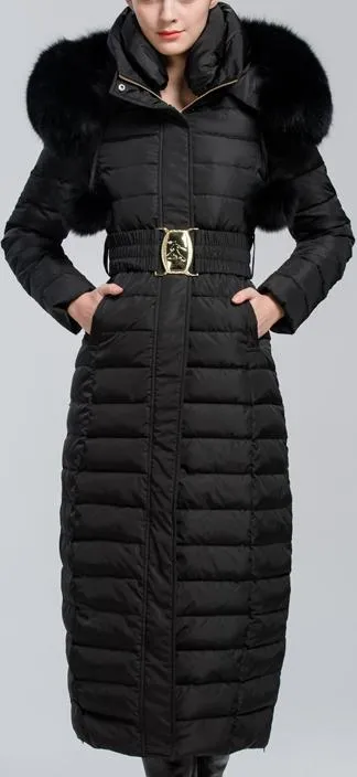 Black Fox-Fur Hooded Pom Pom Puffer Coat