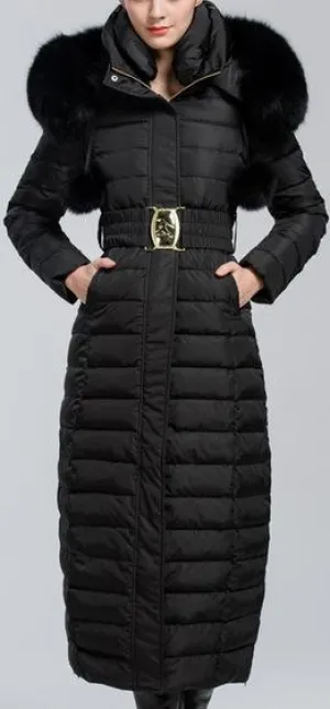 Black Fox-Fur Hooded Pom Pom Puffer Coat