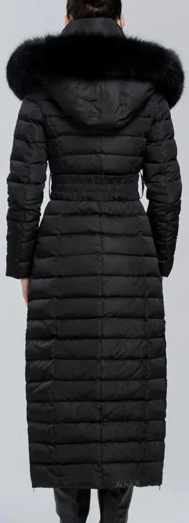 Black Fox-Fur Hooded Pom Pom Puffer Coat