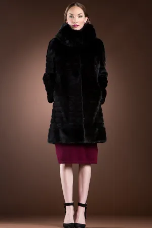 Black Sheared Horizontal & Long Haired Mink Mid-Length Fur Coat - Detachable Fox Collar