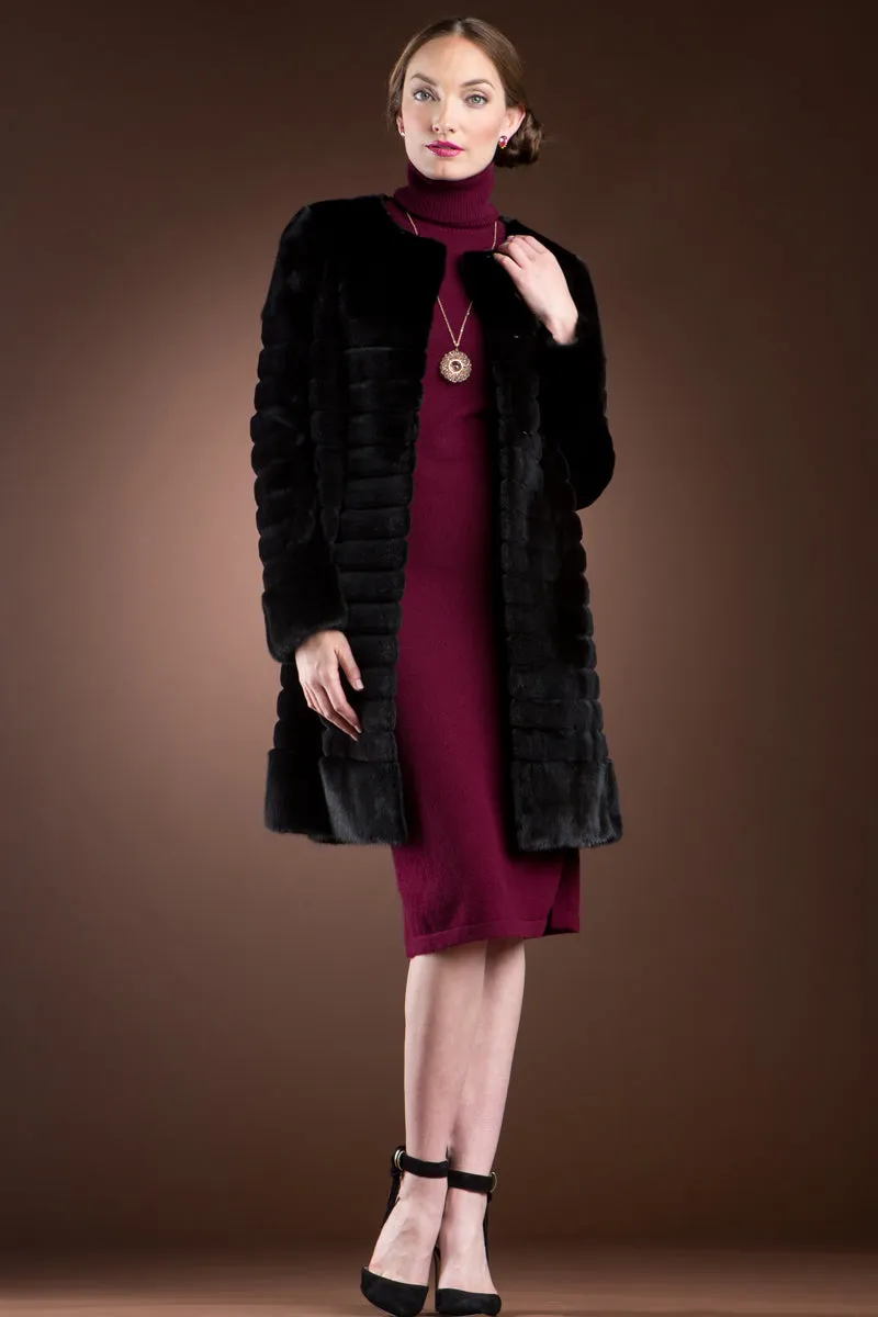 Black Sheared Horizontal & Long Haired Mink Mid-Length Fur Coat - Detachable Fox Collar
