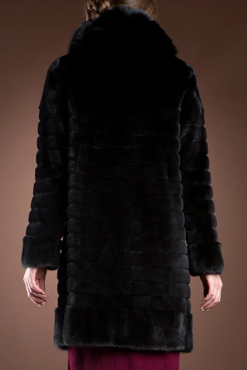 Black Sheared Horizontal & Long Haired Mink Mid-Length Fur Coat - Detachable Fox Collar