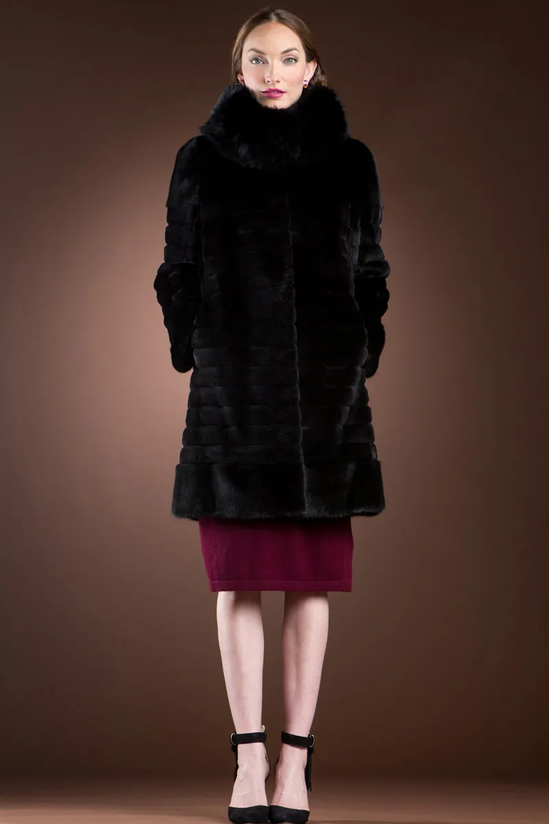 Black Sheared Horizontal & Long Haired Mink Mid-Length Fur Coat - Detachable Fox Collar
