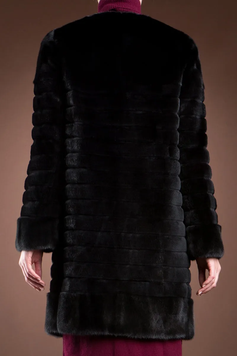 Black Sheared Horizontal & Long Haired Mink Mid-Length Fur Coat - Detachable Fox Collar
