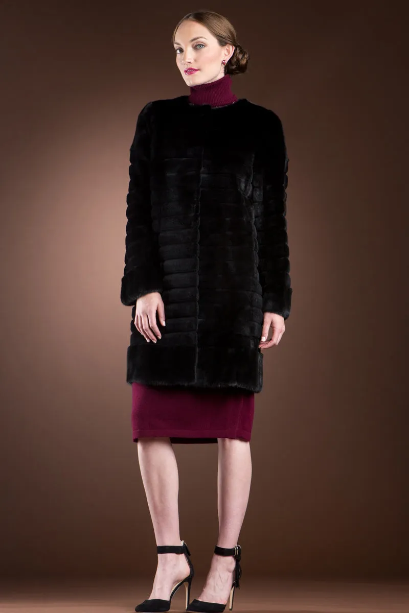 Black Sheared Horizontal & Long Haired Mink Mid-Length Fur Coat - Detachable Fox Collar