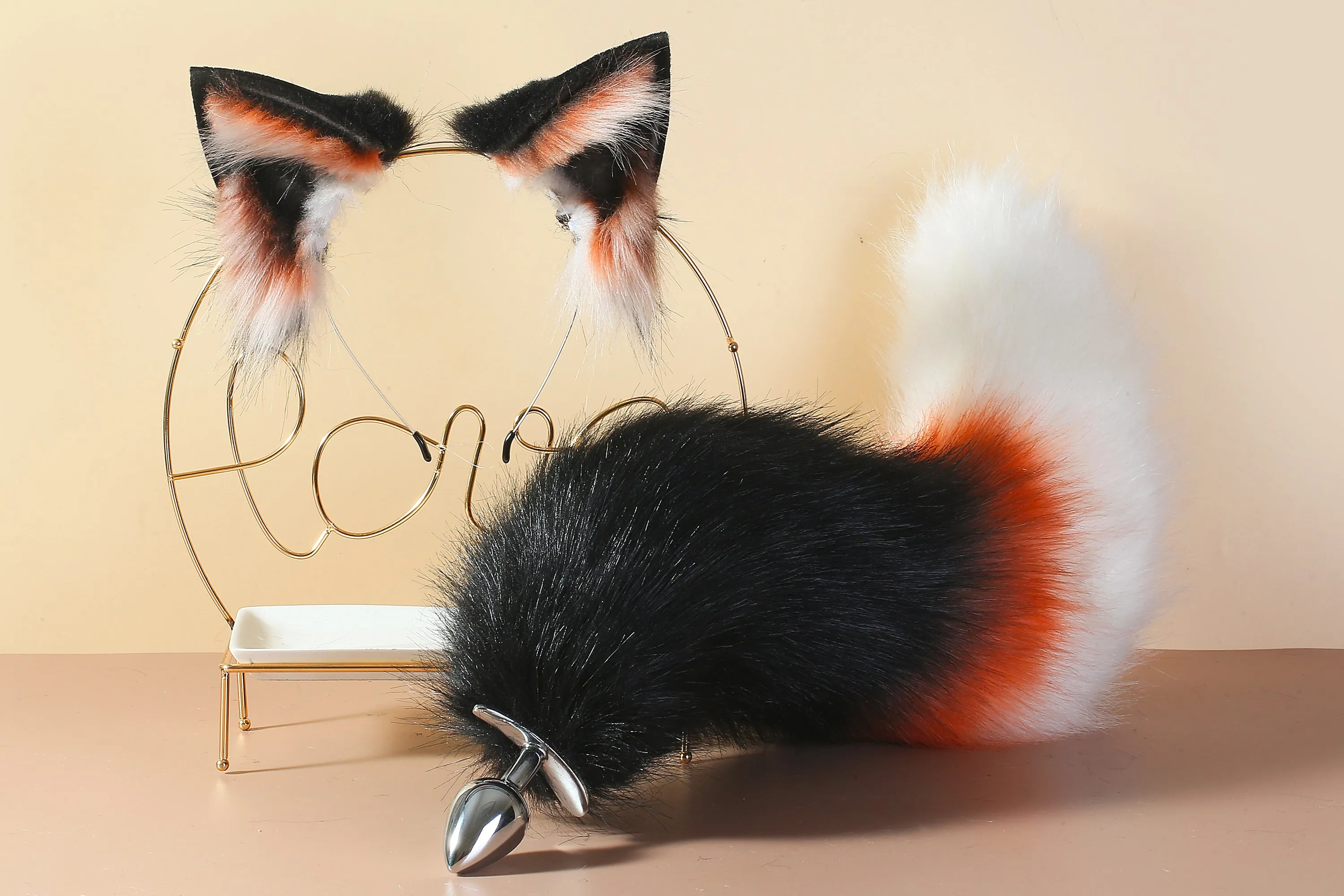 black white orange fox tail plug and ear neko ear and tail set neko cosplay anime wolf tail buttplug and ear kitten ear and tail plug mature