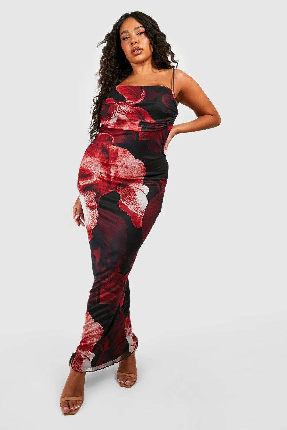 Boohoo Abstract Floral Print Slip Dress, Red
