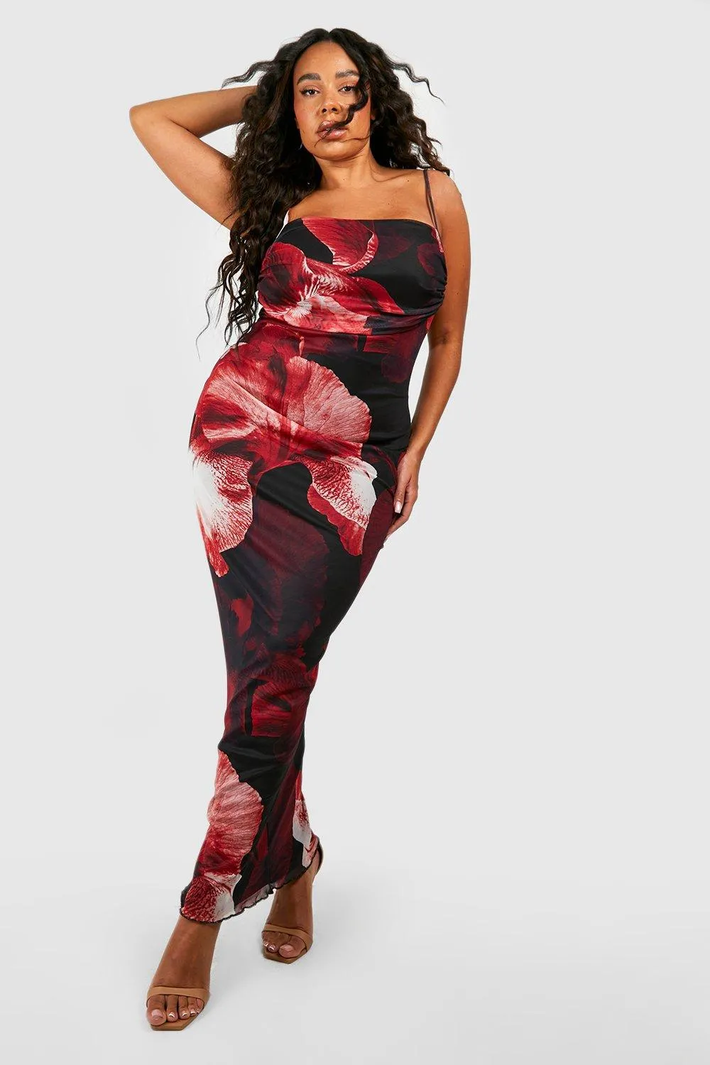 Boohoo Abstract Floral Print Slip Dress, Red