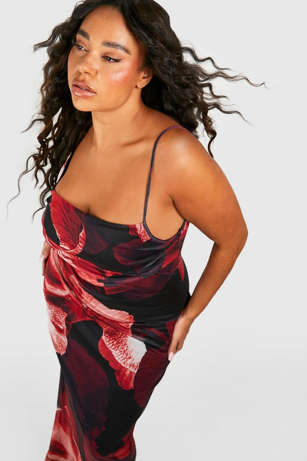 Boohoo Abstract Floral Print Slip Dress, Red