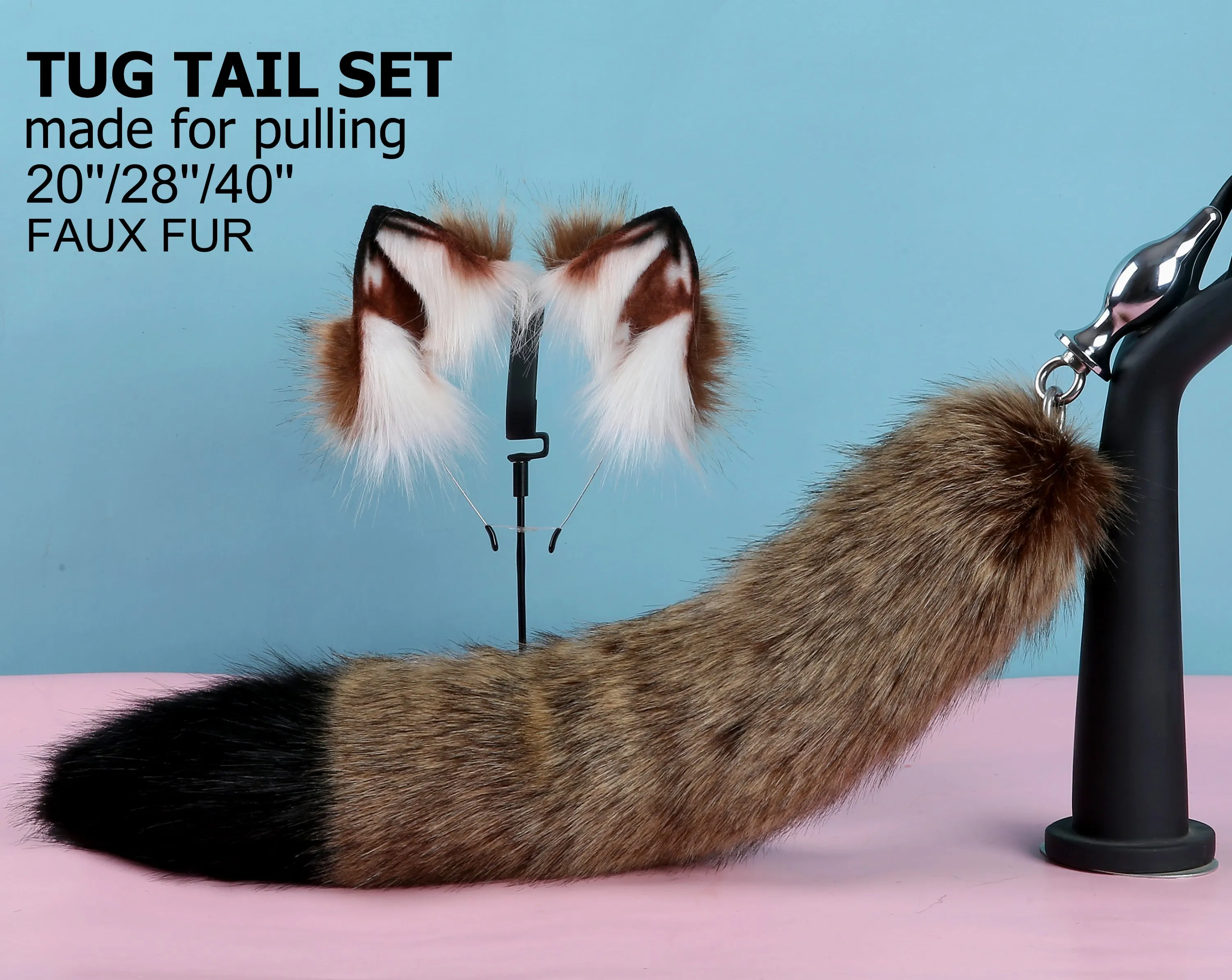 brown black tug tail plug and ear set faux fur fox tail butt plug wolf tail buttplug ddlg sex toy bdsm cat tail plug bondage petplay