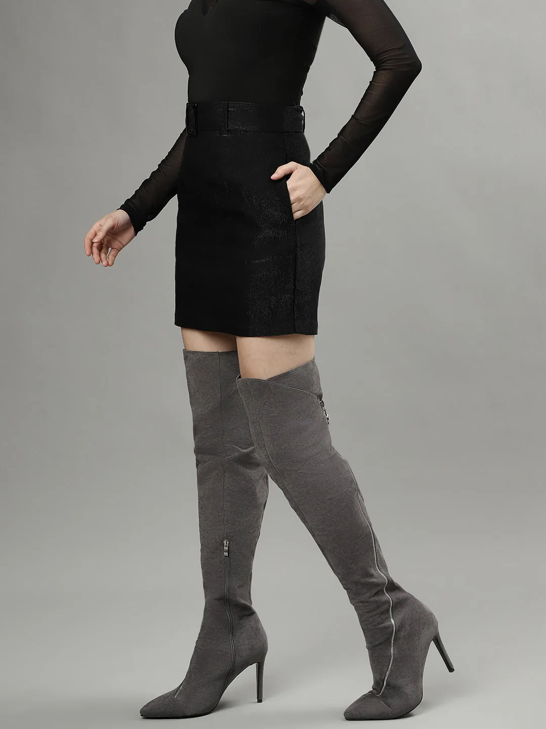 Centrestage Women Black Solid Mini Pencil Skirt