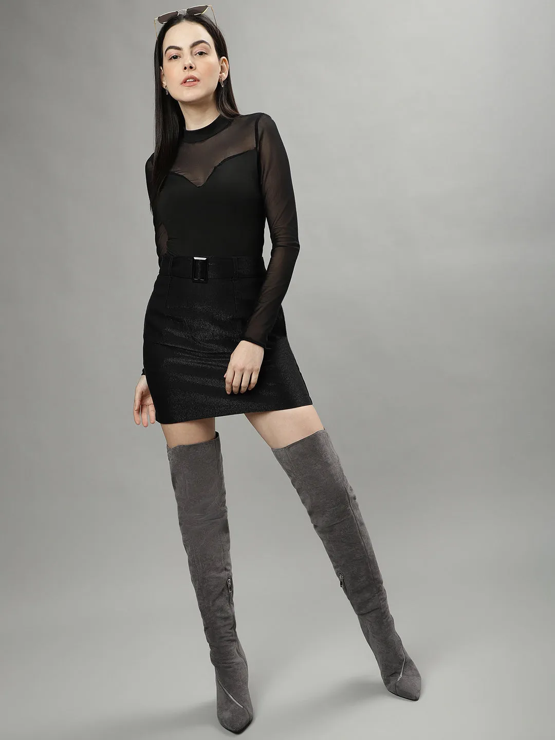 Centrestage Women Black Solid Mini Pencil Skirt