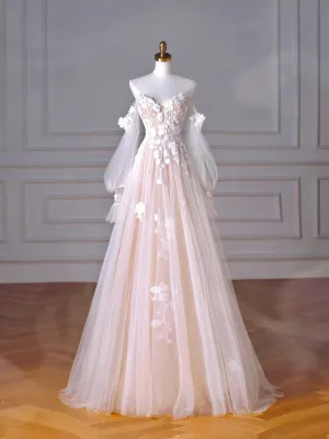 Champagne Tulle Lace Sweetheart Neck Long Formal Dress, A-Line Puff Sleeves Party Dress