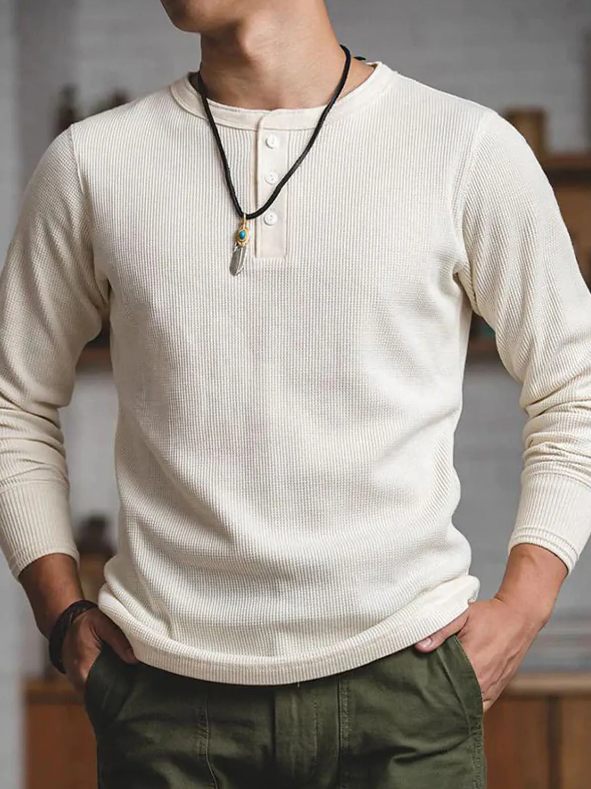 Classic Three-Button Waffle Henley Tee