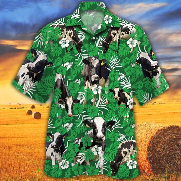 Cow Lovers Farm Cattle Mens Hawaiian Shirt - Holstein Friesian Cattle Lovers Green Floral Pattern Hawaiian Shirt