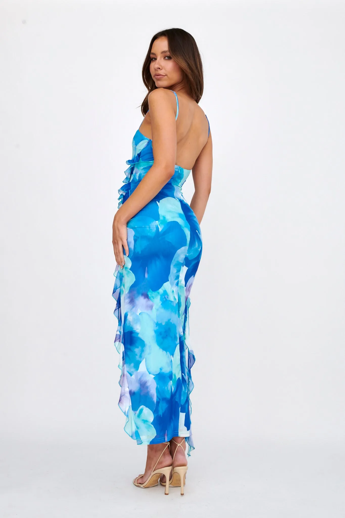 Crush On You Split Ruffle Midi Dress Blue