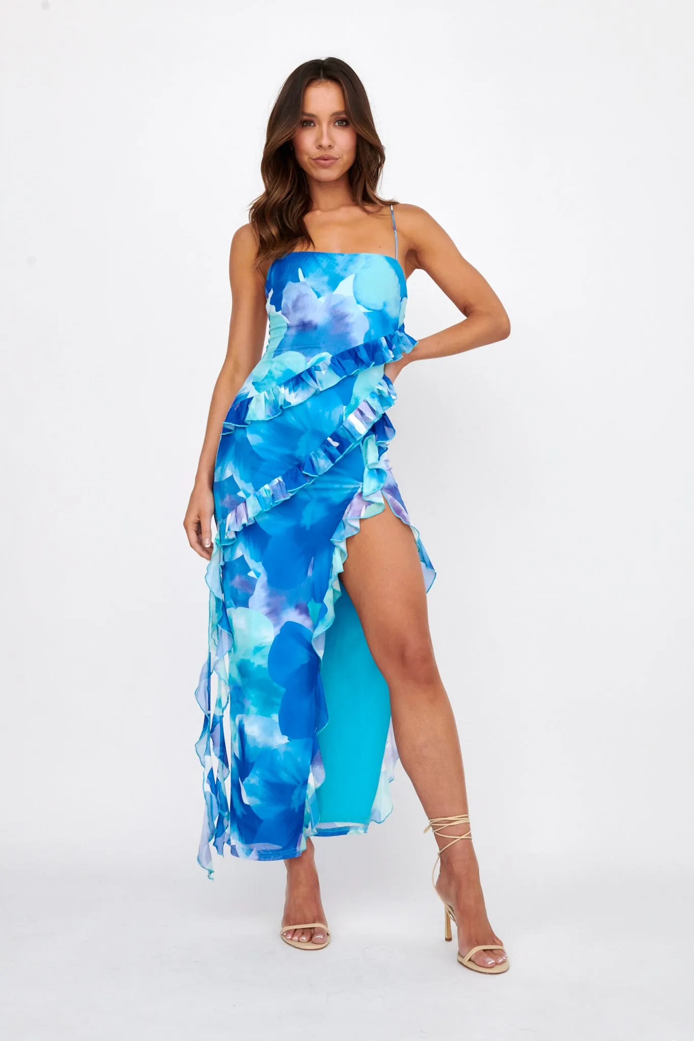Crush On You Split Ruffle Midi Dress Blue