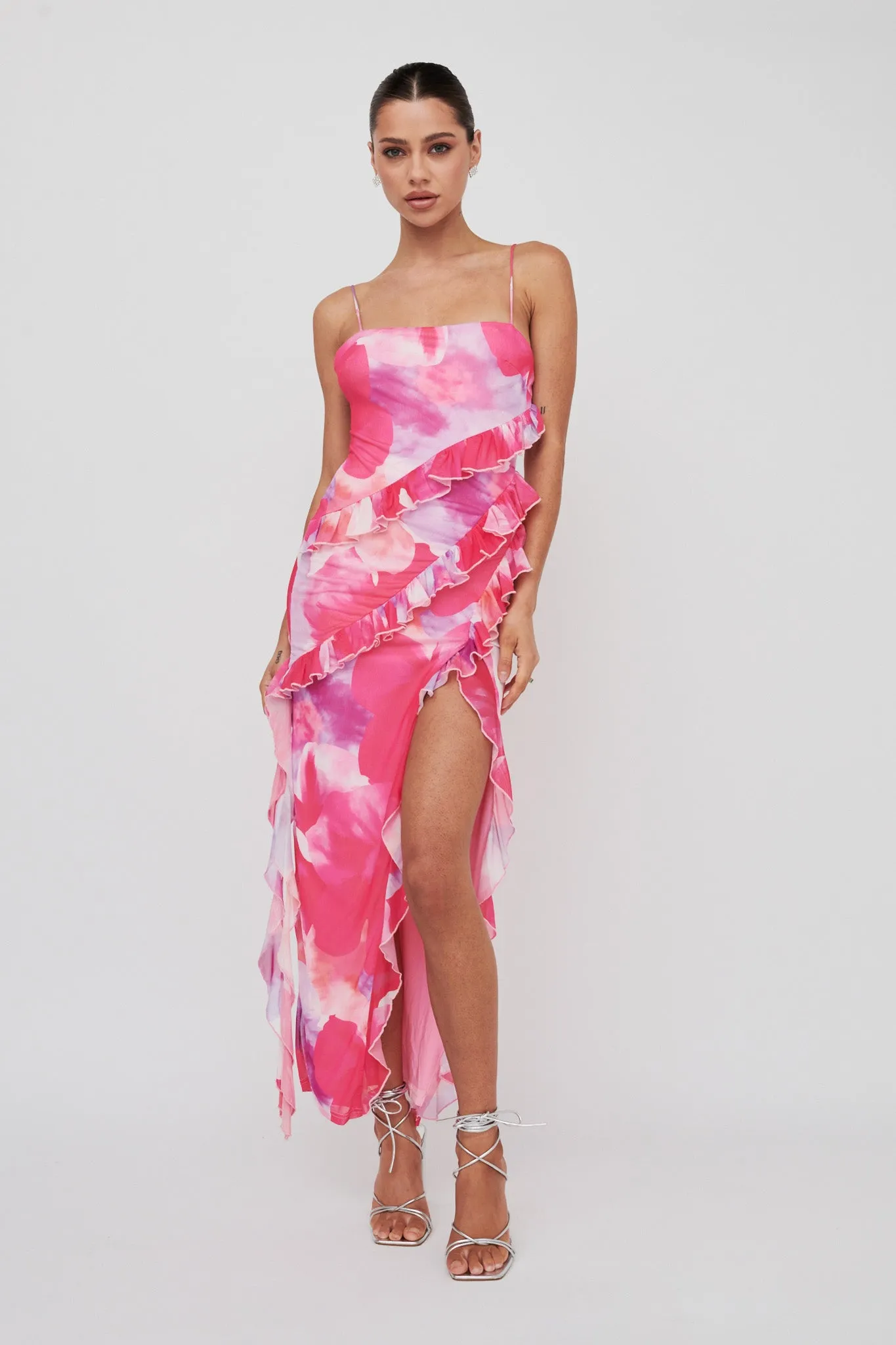 Crush On You Split Ruffle Midi Dress Pink