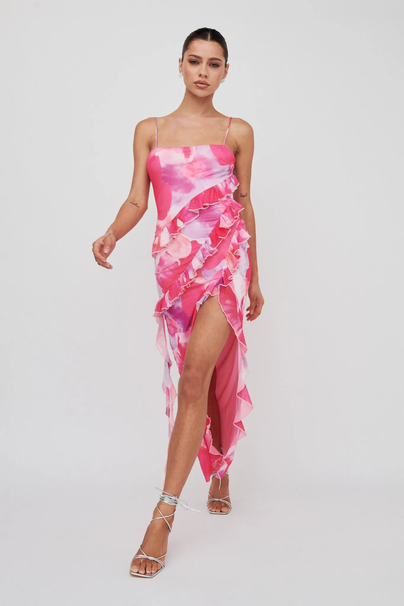 Crush On You Split Ruffle Midi Dress Pink