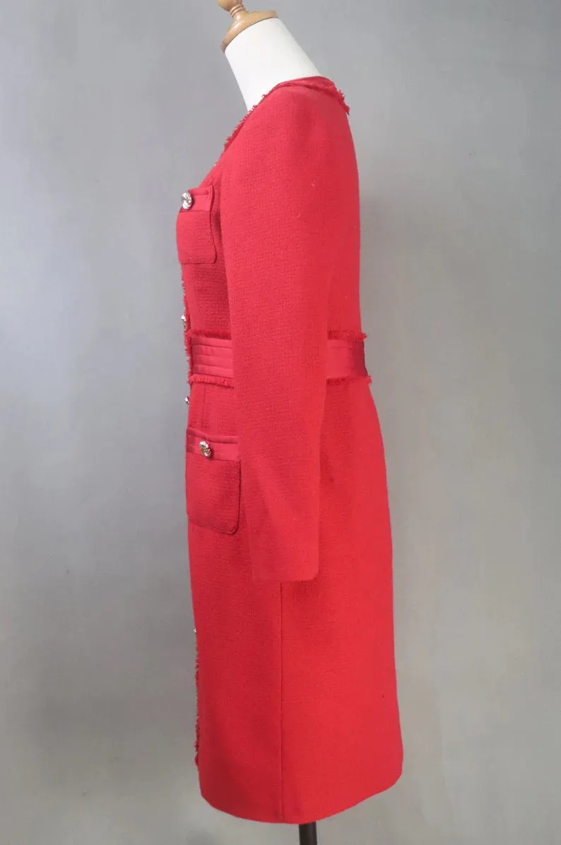 Custom Made Red Long Sleeves Golden Button Design Long Dress