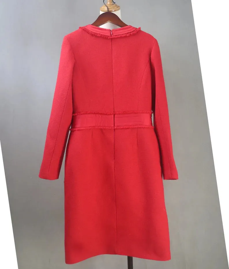Custom Made Red Long Sleeves Golden Button Design Long Dress