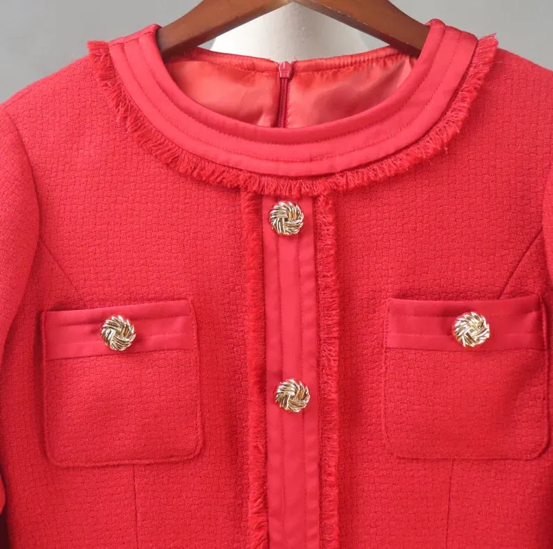 Custom Made Red Long Sleeves Golden Button Design Long Dress