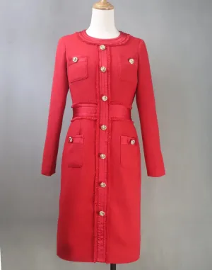 Custom Made Red Long Sleeves Golden Button Design Long Dress