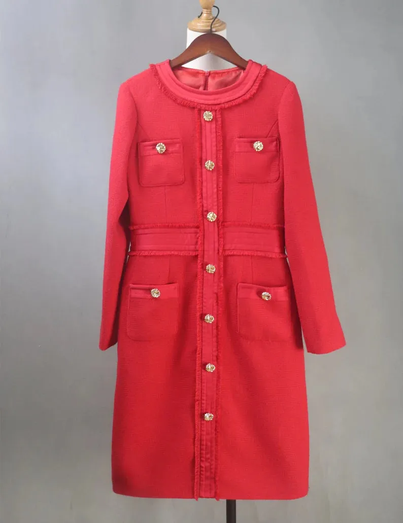 Custom Made Red Long Sleeves Golden Button Design Long Dress