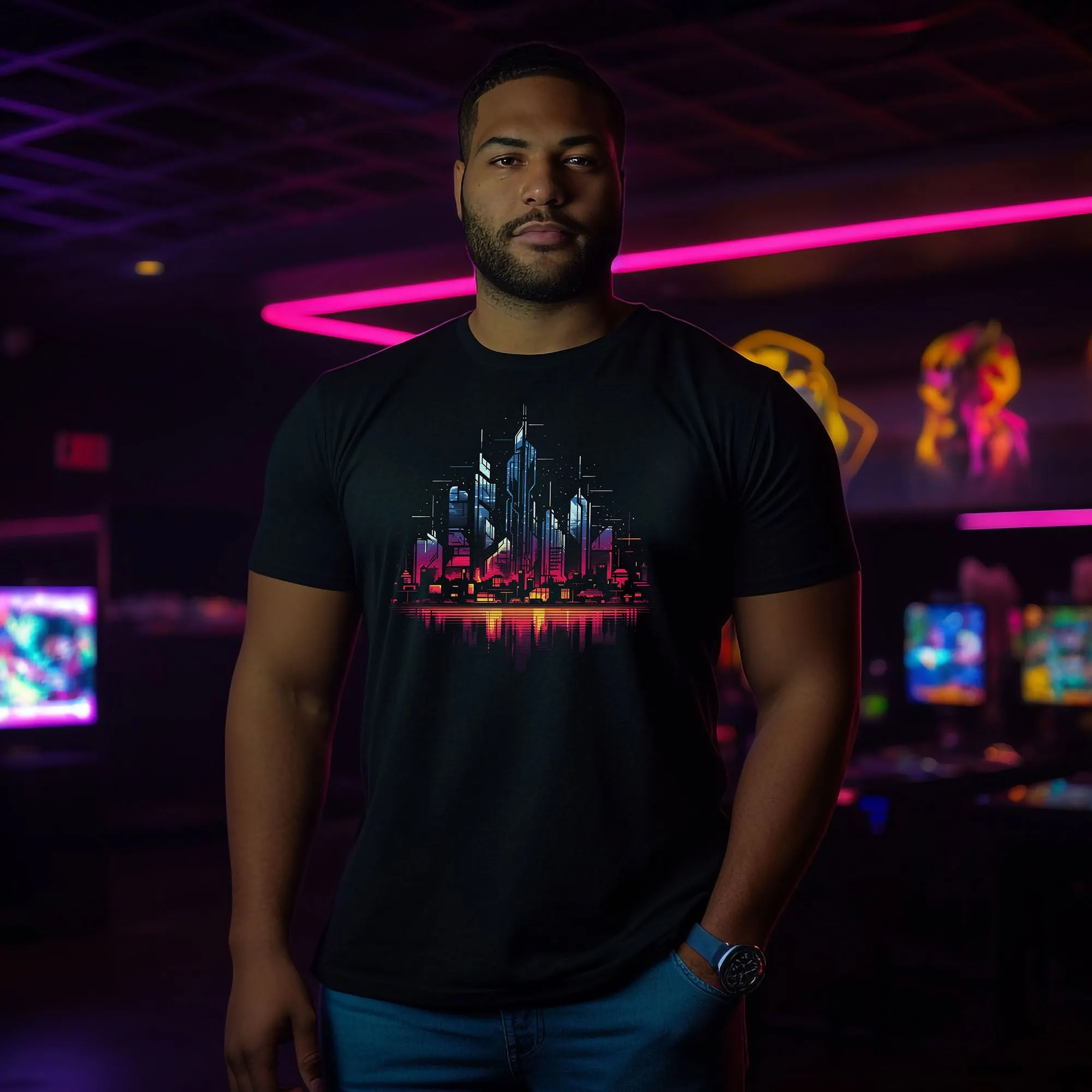 Cyberpunk Skyline T-Shirt | T-Shirt für Cyberpunk und Retrowave Fans