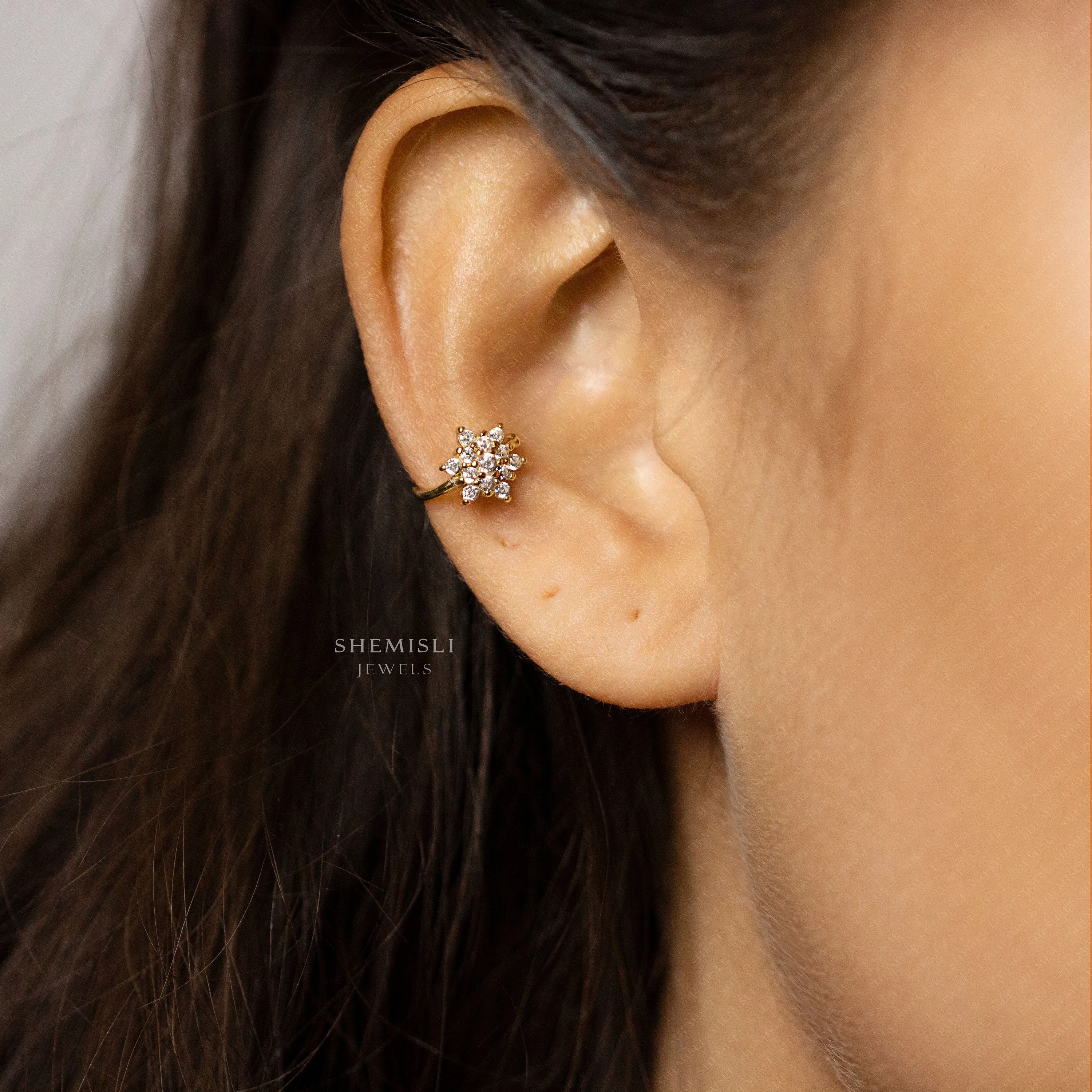 CZ Flower Ear Cuff, No Piercing is Needed, Unisex, Gold, Silver SHEMISLI SF036