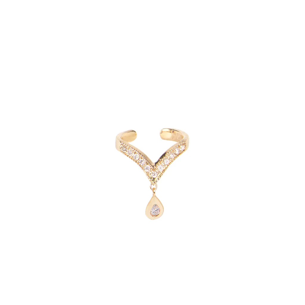 DANGLE TEARDROP DIAMOND V EAR CUFF