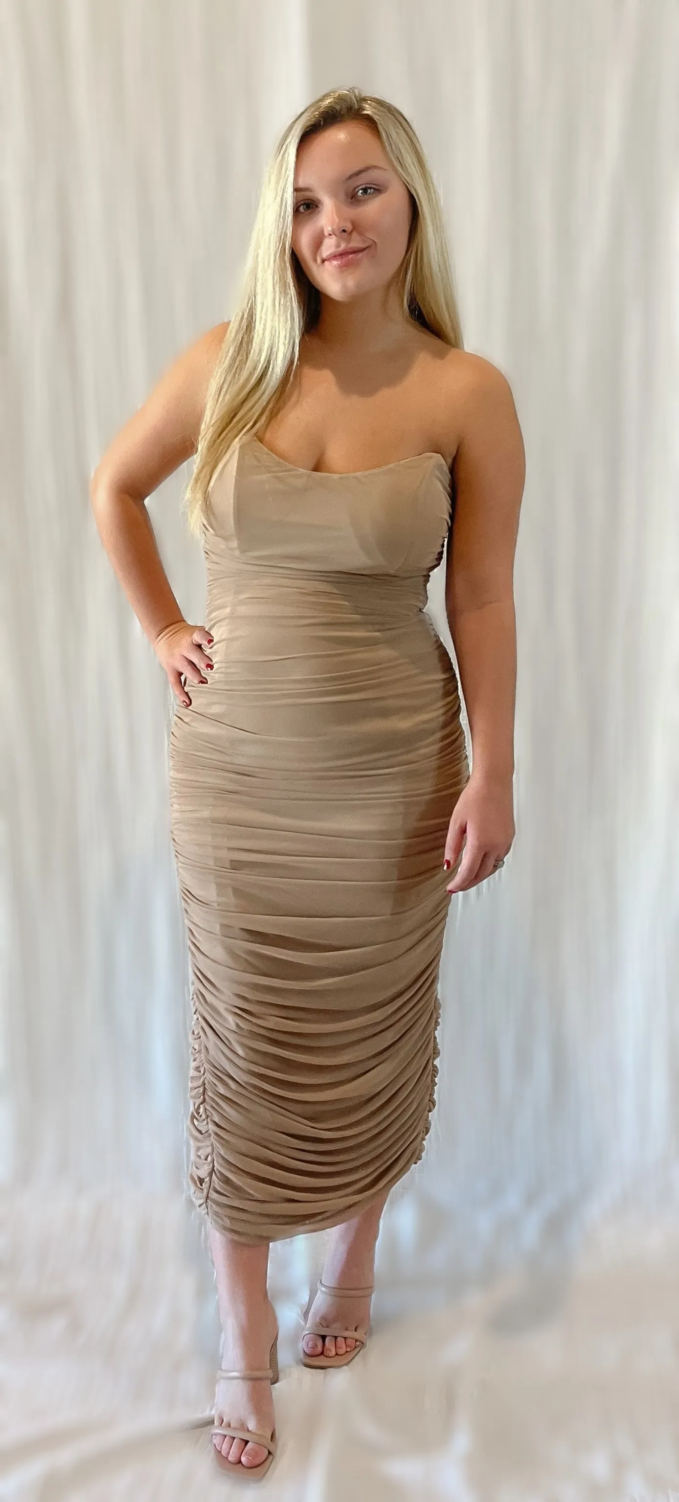 Danielle Mesh Ruched Tube Midi Dress | TAUPE