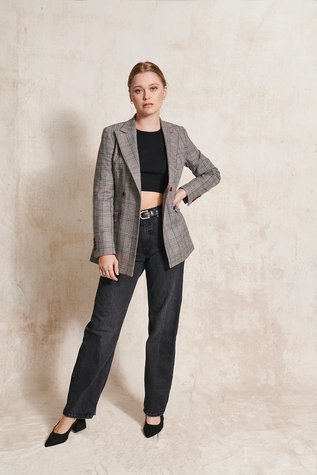 Double Breasted Prince of Wales Black & White Check Wool Blazer by Anna James