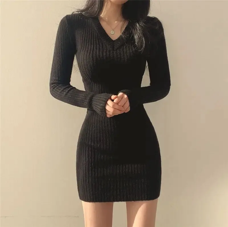 DressBetty - 2024 Sexy V-neck Long-sleeved Knitted Bodycon Dress