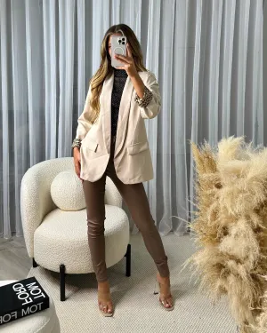 Elouise Leopard Print Detail Blazer - Beige