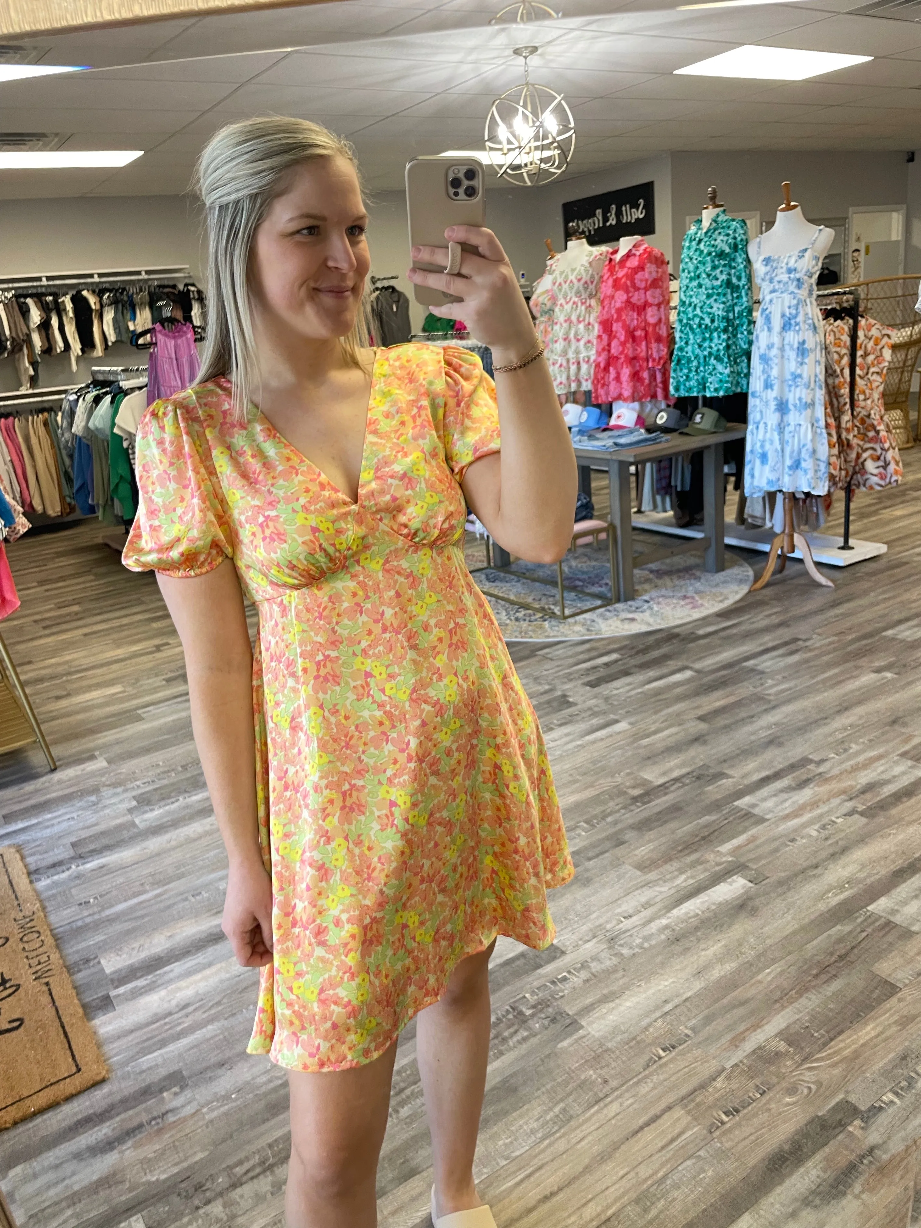 Flower Satin Mini Dress - Yellow Combo