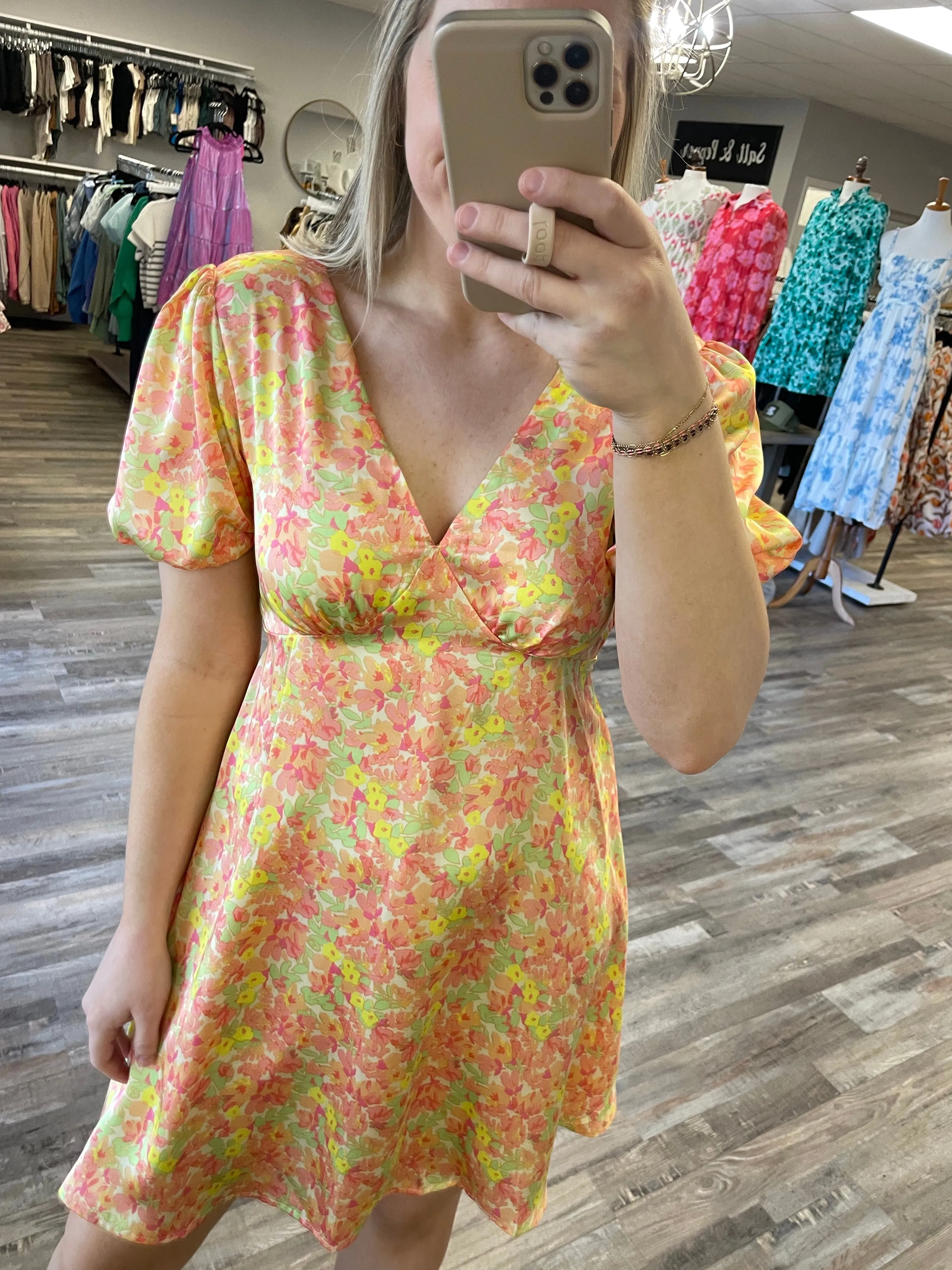 Flower Satin Mini Dress - Yellow Combo